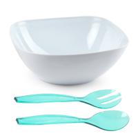Salade/fruit diepe serveerschaal - wit - kunststof - 28 x 11 cm - met couvert/bestek in het turquois Salade/fruit diepe serveerschaal - wit - kunststof - 28 x 11 cm - met couvert/bestek in het turquois