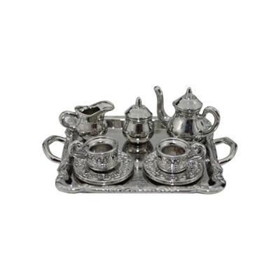 3 sets Doll House mini bestek metalen thee set theepot Cup plaat (zilver)