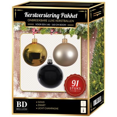 Kerstbal en piek set 91x goud-champagne-zwart voor 150 cm boom