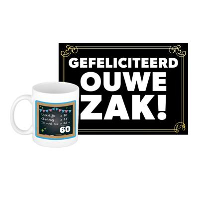 Verjaardag cadeau koffiemok 60 jaar - man - krijtbord- met gefeliciteerd ouwe zak wenskaart