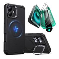 iPhone 16 Plus Cyber Tough Case with Stash Stand Protection Bundle - Black