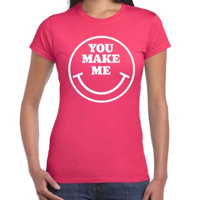Verkleed T-shirt voor dames - you make me - Smile Emoticon - roze - carnaval - foute party - feestkl