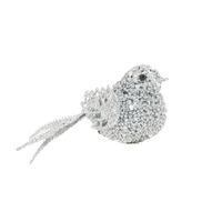 1x stuks decoratie vogels op clip glitter zilver 12 cm   -