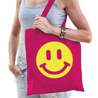 Cadeau tas voor dames - glitter smiley - fuchsia - katoen - 42 x 38 cm - Moederdag - verjaardag