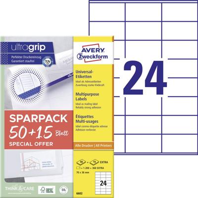 Avery-Zweckform 6602 Universele etiketten 70 x 36 mm Papier Wit 1560 stuk(s) Permanent hechtend Laser (kleur), Laser (zwart/wit)
