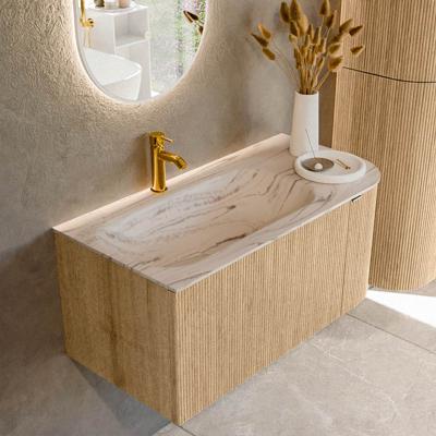 Badmeubel Mondiaz Kurve-Dlux | 95 cm | Meubelkleur Oak | Wastafelkleur Nata | Solid surface | Wasbak linker zijde spoelbak | 1 kraangat