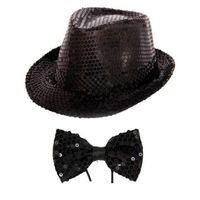 Carnaval verkleed set glitter hoed en strikje zwart - Verkleedhoofddeksels - thumbnail