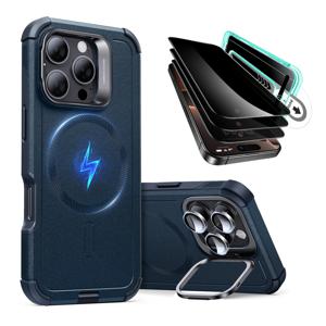 iPhone 16 Pro Max Cyber Tough Case with Stash Stand Privacy Protection Bundle Dark Blue