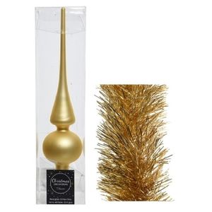 Kerstversiering glazen piek mat 26 cm en folieslingers pakket goud van 3x stuks