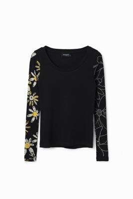 Geribbeld T-shirt met bloemen - BLACK - M