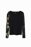 Geribbeld T-shirt met bloemen - BLACK - M
