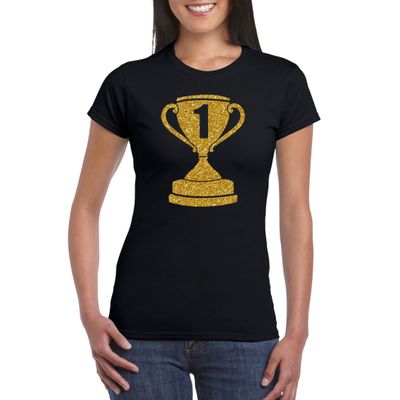 Gouden kampioens beker / nummer 1 t-shirt / kleding zwart dames Gouden kampioens beker / nummer 1 t-shirt / kleding zwart dames
