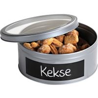 Zilver rond koekblik opbergblik/bewaarblik 20 cm met krijtbord vlak