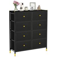 8-Laden Stoffen Commode met Metalen Frame Vrijstaande Opbergkast voor Woonkamer Garderobe Hal Houten Handvat Zwart