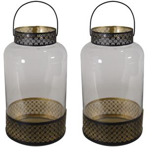 2x stuks lantaarns/windlichten zwart/goud Arabische stijl 20 x 37 cm metaal en glas