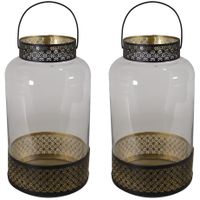 2x stuks lantaarns/windlichten zwart/goud Arabische stijl 20 x 37 cm metaal en glas