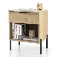 Modern Nachtkastje met Laadstation Bijzettafel met Lade en Open Vak Opbergtafel met Houtnerf en Robuuste Metalen Poten Natuurlijk