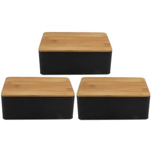 Set van 3x stuks opbergblikken/bewaarblikken zwart met bamboe deksel 1,7L 19 x 13 x 7 cm