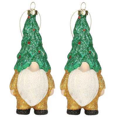 Kersthanger gnome/dwerg/kabouter - 2x - kunststof - 12,5 cm - goud/groen