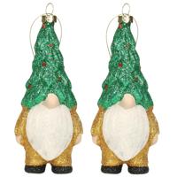 Kersthanger gnome/dwerg/kabouter - 2x - kunststof - 12,5 cm - goud/groen