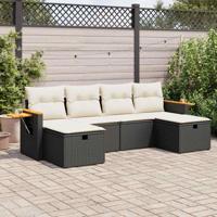 6-delige Loungeset met kussens poly rattan zwart