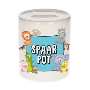 Kraam/verjaardags cadeau spaarpot - blauw - dieren print - keramiek