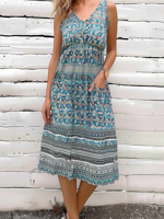 Women's Sleeveless Summer Green Ethnic V Neck Daily Going Out Vacation Midi X-Line Dress