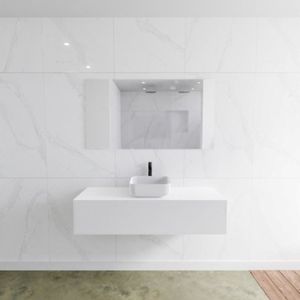 Badkamermeubelset Mondiaz LAGOM 130 cm met Topblad Gecentreerde Wastafel Solid Surface Opzetkom Binx Met 1 Kraangat Mat Wit (1 lade)
