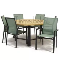 Tuinstoel Delia amandel hoge rug met Basso 160 cm teaktafel