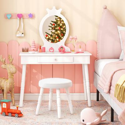 Kinderen Ijdelheid Make-Up Kaptafel Prinses Kaptafel & Stoel met Lade en Zachte Kruk voor Kleine Meisjes Wit