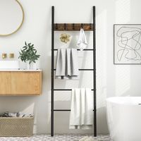 Wandgemonteerd Ladderrek 5-Laags Plank 5 Verwijderbare Haken Handdoekenrek Displayrek voor Badkamer Woonkamer Entree Bruin Wandgemonteerd Ladderrek 5-Laags Plank 5 Verwijderbare Haken Handdoekenrek Displayrek voor Badkamer Woonkamer Entree Bruin