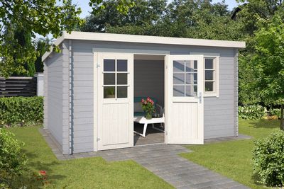 Outdoor Life Amira Blokhut 400x295 cm 28 mm vuren Platinum Grey-Wit gecoat- Lessenaarsdak- - Outdoor Life Outdoor Life Amira Blokhut 400x295 cm 28 mm vuren Platinum Grey-Wit gecoat- Lessenaarsdak- - Outdoor Life