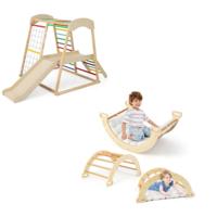 6-In-1 Speelpark voor Kinderen Vanaf 1 Jaar Gemaakt van Hout met 2-in-1 Boogschommel Houten Klimrek en Dubbelzijdige Klimboog