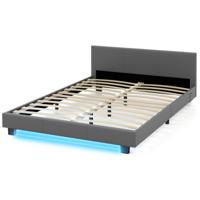 140 x 200 cm Bed met LED Verlichting Gestoffeerd Bed met Lattenbodem Bedframe Bedomranding Grijs