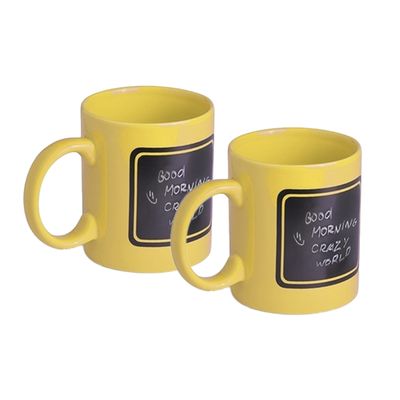 Luxe krijt koffiemok/beker - 2x - geel - keramiek - met zwart schrijfvlak - 350 ml