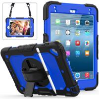 Schokbestendige zwarte silicagel + kleurrijke PC beschermende case voor iPad mini 2019/Mini 4 met houder & schouderriem & hand riem & pen sleuf (blau