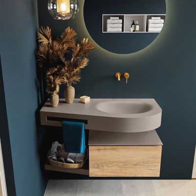 MONDIAZ RIVA 100cm badmeubel onderkast / planchet kleur Washed_Oak met 1 lade. Wastafel DULCET rechts 0 kraangaten kleur Smoke.