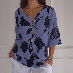 Dames Overhemd Blouse Katoen linnen Bloemig nappi Afdrukken Dagelijks Vakantie Casual 3/4 mouw V-hals Wit Lente zomer Lightinthebox