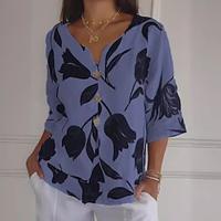 Dames Overhemd Blouse Katoen linnen Bloemig nappi Afdrukken Dagelijks Vakantie Casual 3/4 mouw V-hals Wit Lente zomer Lightinthebox - thumbnail