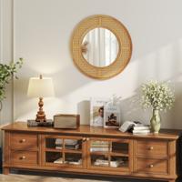 Ronde Rotan Wandspiegel 65cm Houten Frame Spiegel met Aluminium Glas Metalen Haak en Expansieschroef Decoratieve Spiegel
