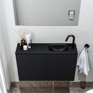 Zaro Polly toiletmeubel 80cm mat zwart met zwarte wastafel met kraangat rechts