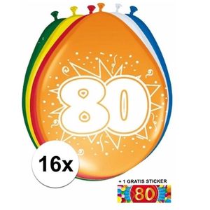 Ballonnen 80 jaar van 30 cm 16 stuks + gratis sticker