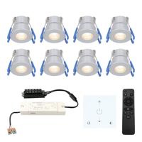 Set van 8 Milano LED Mini Inbouwspots met trafo en muurdimmer - 12 Volt 3 Watt 200 lumen - Dimbaar - Plat 34mm - 2700K - IP65 waterdicht - Grijs