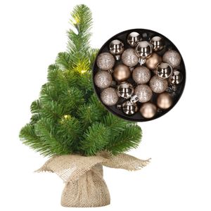 Mini kerstboom/kunstboom met verlichting 45 cm en inclusief kerstballen champagne