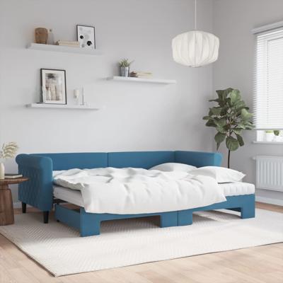 Slaapbank onderschuifbed en matrassen 80x200 cm fluweel blauw