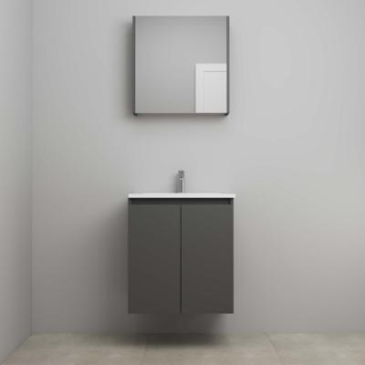 On-Line Badkamermeubelset - 60 cm - Voorgemonteerd - Greeploos 2 Deuren - Acryl Wastafel - 1 Kraangat - Spiegelkast - Mat Antraciet