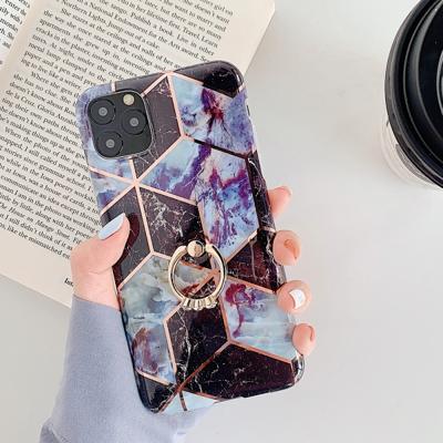 Voor iPhone 11 Pro plating kleurrijke geometrische patroon mozaïek marmer TPU mobiele telefoon geval Rhinestone stand ring (zwart PR6)