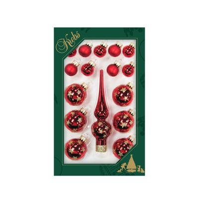 Mini kerstballen en piek set - 16-dlg - rood - glas - voor mini kerstboom - kerstversiering