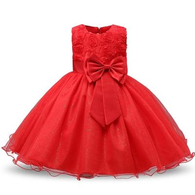 Rode meisjes mouwloos Rose Flower patroon Bow-knoop Lace Dress Toon jurk Kid grootte: 110cm