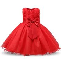 Rode meisjes mouwloos Rose Flower patroon Bow-knoop Lace Dress Toon jurk Kid grootte: 110cm